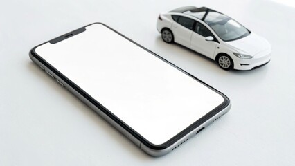 A sleek smartphone lies next to a miniature white car, representing modern technology and transportation in a minimalist setting.