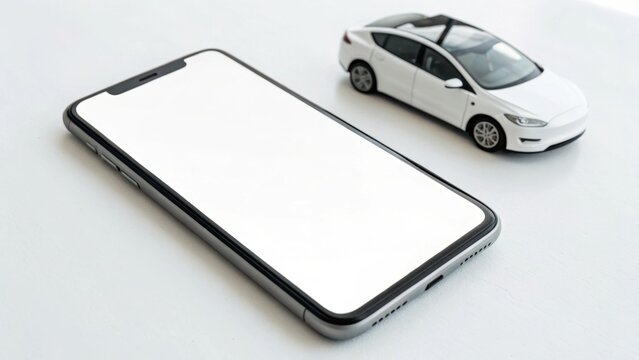 A sleek smartphone lies next to a miniature white car, representing modern technology and transportation in a minimalist setting.