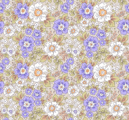 Beautiful floral pattern in small abstract flowers. Small white and lilac blue flowers. Light beige background. Liberty print. Floral seamless background. Vintage template for fashion prints. Stock
