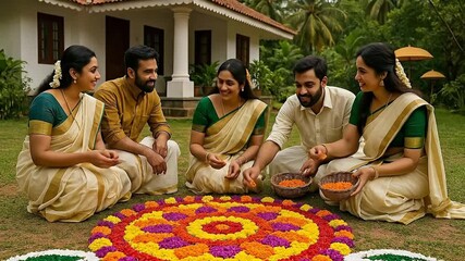 Celebrate Onam Happy Indian family and friends in traditional attire creating vibrant Pookalam floral design for cultural festival celebration outdoors.