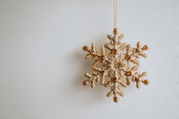 A single gold snowflake hangs against a white wall.