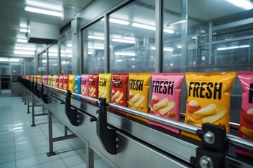Organic potato chips packets manufacturing on conveyor belt in factory 
