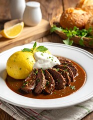Sliced beef stew served with creamy polenta, garnished with fresh herbs, on a white plate.