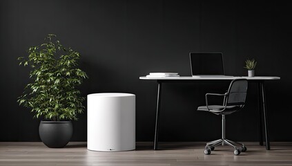 Minimalist home office with white cylindrical storage, sleek black desk, black chair, potted plant, and laptop on a dark wood floor against a dark wall