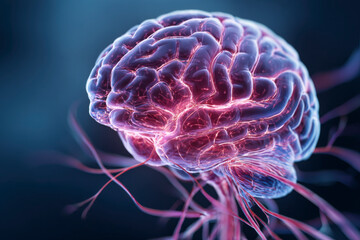 Vivid close-up of a human brain, arteries glowing, set against a dark blue background. Brain health concept.