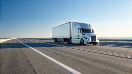 Fototapeta premium A sleek, modern truck driving on an open highway under a clear blue sky, symbolizing transportation and logistics.