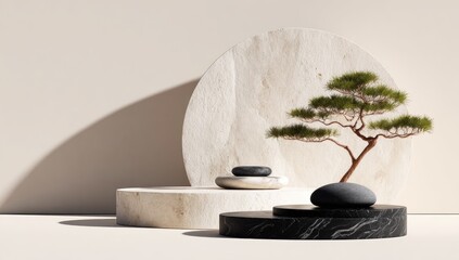 Minimalist scene with a bonsai tree, stones, and circular platforms of light and dark marble against a beige backdrop, illuminated by soft sunlight casting shadows