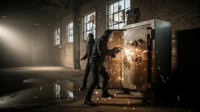 Two men in masks breaking open a safe with a torch, creating sparks in a dimly lit warehouse, robbery footage.