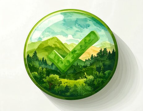 Green button with nature and check mark