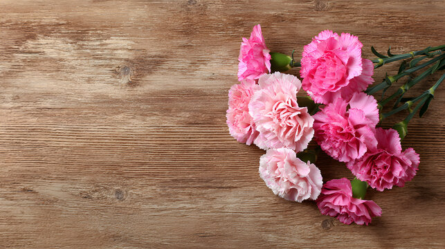 un ramo de flores clavel en tonos rosas sobre un fondo de madera delicado y femenino con espacio de copia belleza para tarjeta o plantilla creativa 