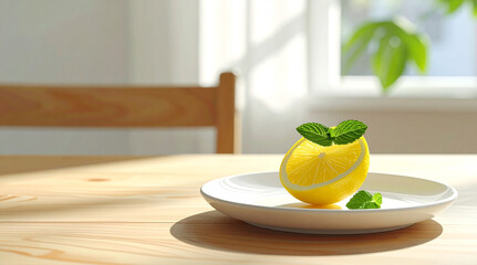 Minimalist Still Life of White Ceramic Plate with Lemon Slice and Mint Leaf