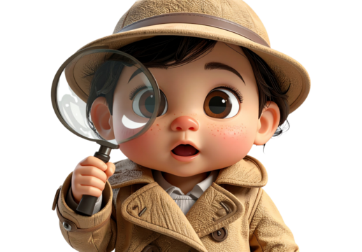 Transparent Background Cute Baby Detective with Magnifying Glass and Surprised Expression