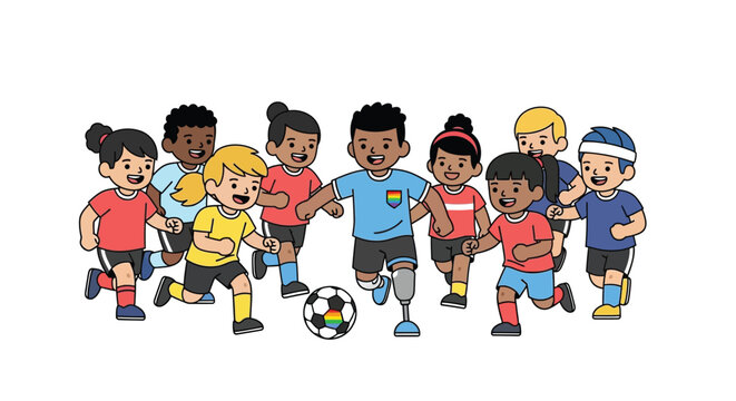Vector art of diverse group of children playing soccer
