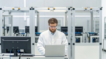 A focused professional in a lab coat works on a laptop in a high-tech facility, surrounded by modern equipment and a clean, organized environment.