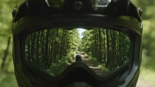 Motorcycle Helmet Reflection - A Journey Through the Forest.