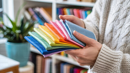 Woman holding colorful fabric swatches in her hands, showcasing a variety of textile options and color palettes textile