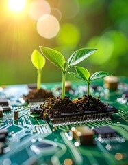 Small seedlings sprout from the soil on a circuit board, symbolizing innovation and growth in technology.