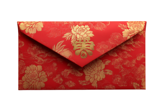 Red envelope with gold floral pattern and Chinese character isolated on a transparent background image