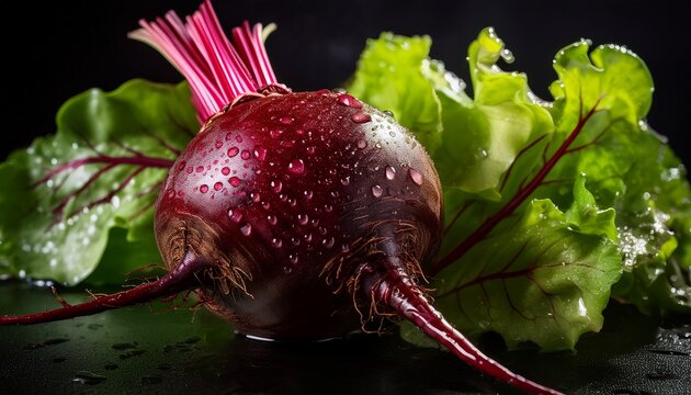 Fresh Beetroot With Water Droplets And Lettuce On Dark Background