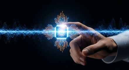 A person's finger interacts with a glowing, ornate central processing unit, emitting blue light and energy waves.