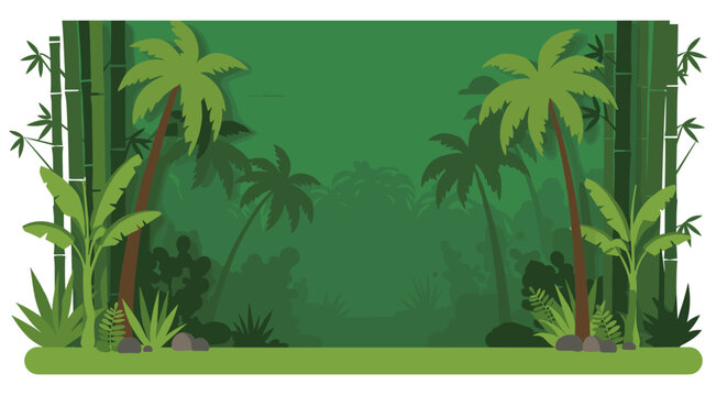 Lush jungle scene with vibrant palms and bamboo, evoking tropical tranquility, perfect for adventurous travel or exotic resort promotion