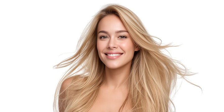 Young smiling blonde woman healthy hair transparent PNG set bundle isolated background