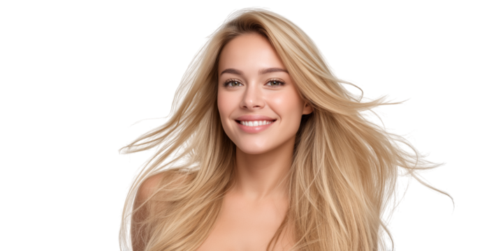Young smiling blonde woman healthy hair transparent PNG set bundle isolated background