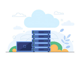 Modern illustration depicting a stack of blue server racks connected to a fluffy white cloud in a digital network concept with a laptop nearby