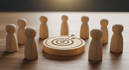 Team collaborating around a wooden target with arrows, aiming for success and shared goals.