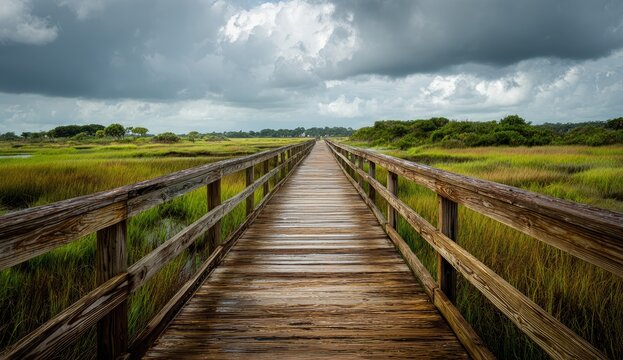 Wooden boardwalk extending into a marsh landscape under a stormy sky - Powered by Adobe