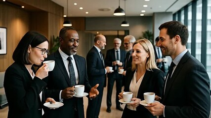 Diverse business professionals networking and enjoying coffee break in modern office setting. - Powered by Adobe