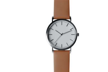 Minimalist silver wristwatch with white face and brown leather strap isolated on a transparent background