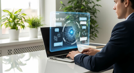 A businessman interacts with an advanced AI chatbot on a futuristic holographic interface projected from a laptop.