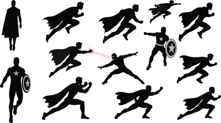Dynamic superhero silhouette vector set with action poses, cape, shield, laser eyes, comic style, heroic stances for creative design projects