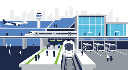 Modern transportation hub with airplane, train, and buses creating a bustling scene for travel and commuting efficiently and seamlessly
