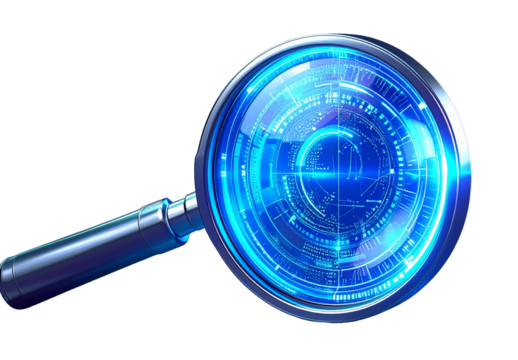 Transparent PNG Futuristic Blue-Tinted Magnifying Glass Icon with Digital Glow