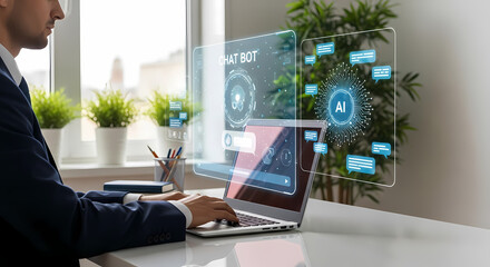 Businessman interacting with an AI chatbot on a laptop using a futuristic holographic user interface in a modern office.