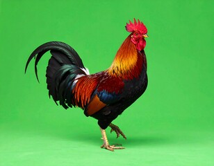 Vibrant rooster, featuring intricate plumage in shades of red, orange, and black, stands against a bright green background.