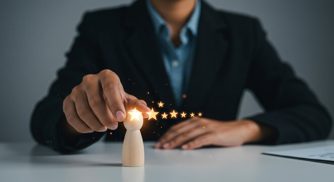 Businessperson awards glowing star to wooden figure, symbolizing customer satisfaction and excellent service.