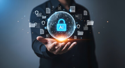 Businessman holding a glowing orb with an AI padlock icon, symbolizing data protection and cybersecurity in artificial intelligence.