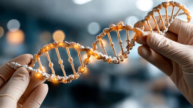 Explore the intricate world of genetics with a close-up look at glowing DNA held in gloved hands in a modern lab setting