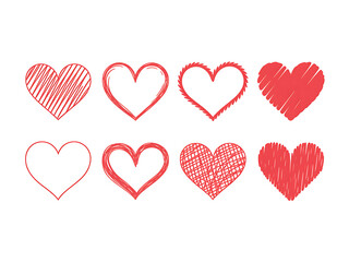 Collection of eight hand drawn red heart shapes with varying textures and styles on a white background for valentine s day or love themed designs