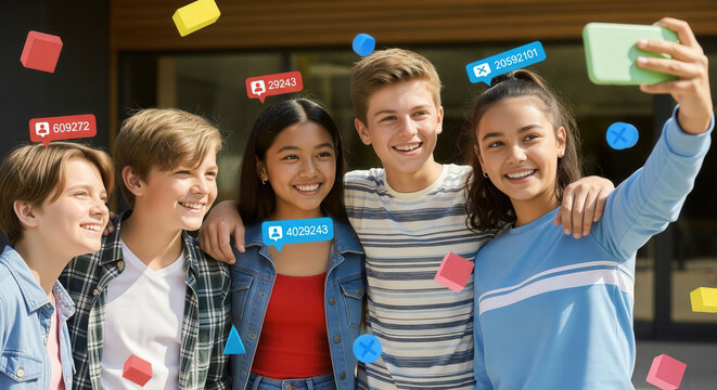 Teenagers take a group selfie outdoors, surrounded by social media follower icons and likes, representing youth culture, online popularity, and connection.