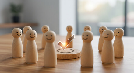 Happy wooden figures gather around a glowing checkmark representing successful selection and teamwork