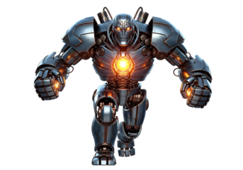 A formidable metallic robot, showcasing intricate design and powerful stance, strides forward against a stark black background.