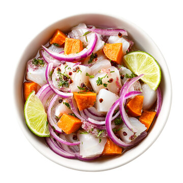 Fresh peruvian ceviche with white fish sweet potato red onion and lime isolated on transparent background