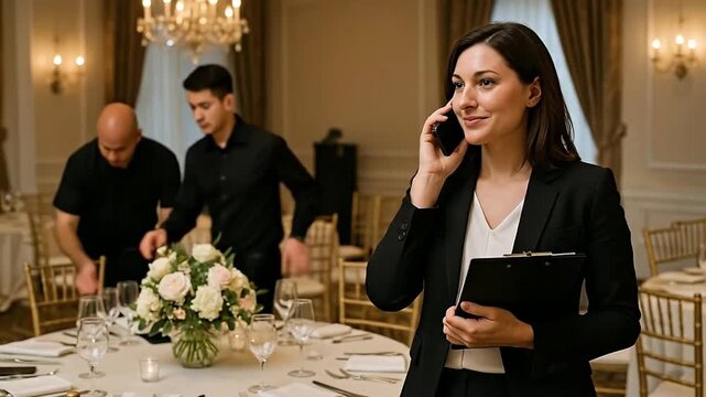 Professional event manager on call overseeing elegant banquet hall setup with staff preparing tables for a special occasion.