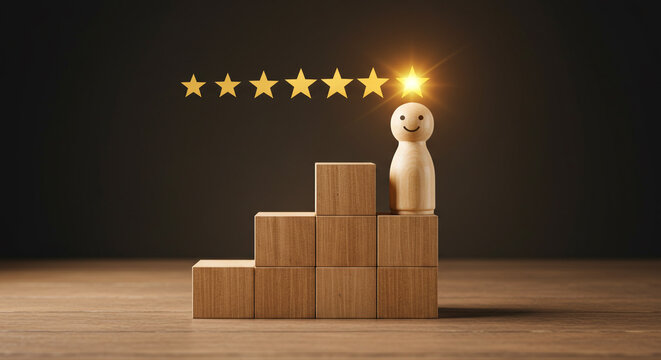 Five golden stars shine above smiling figure on wooden blocks symbolizing excellent customer satisfaction and achievement