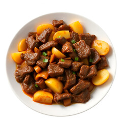 Stir-fried beef with sliced potatoes served on a white plate isolated on white background. Tumis daging sapi dan kentang, sambal goreng, Indonesian food, healthy, delicious