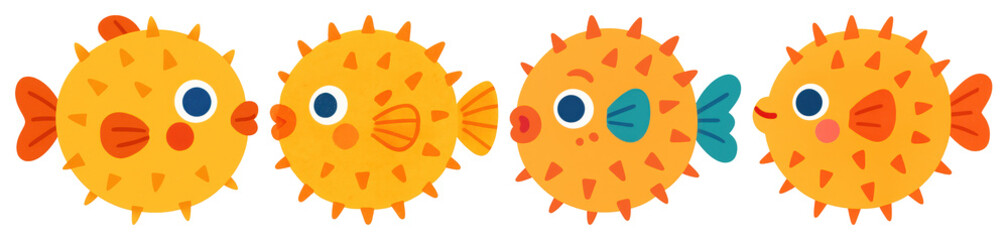 Fototapeta premium PNG Colorful cartoon pufferfish illustration, element set on transparent background